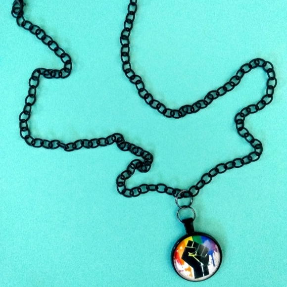 Handmade Rainbow Revolution Fist Necklace on 24" Black Chain - Picture 3 of 5